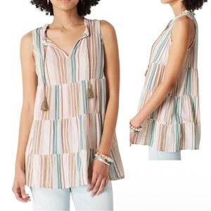 J. Jill Striped Tiered Tunic Tank Top XS Boho‎ Lightweight Tassels